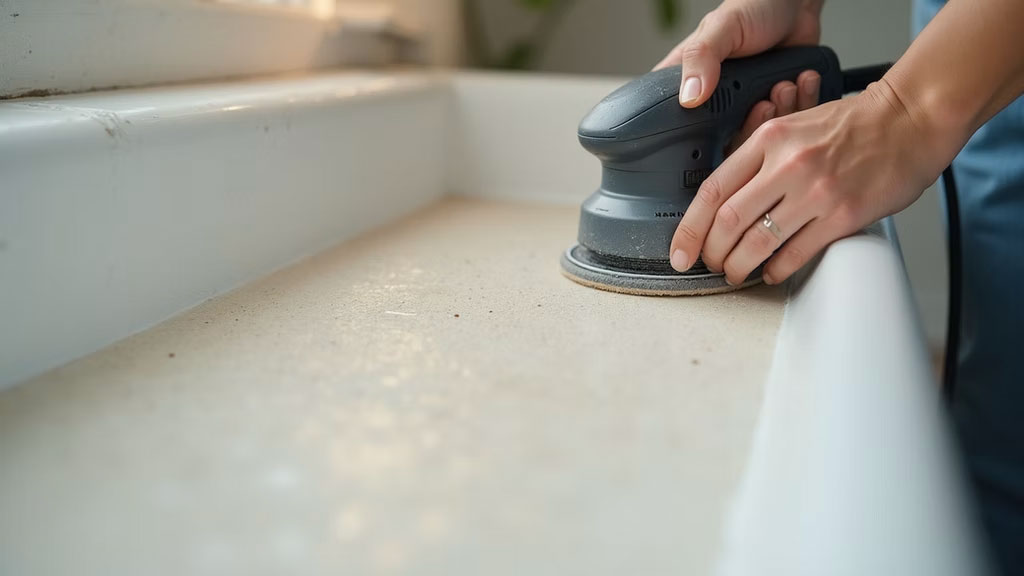 Bathtub surface being sanded during preparation