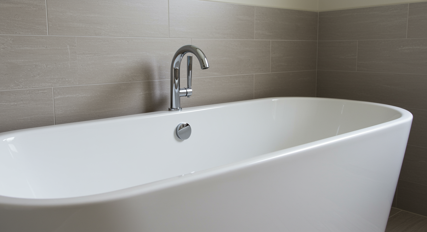 Seamless bathtub chip and crack repair showing flawless finished white tub in a clean modern bathroom