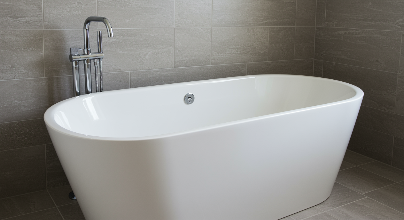 Pristine refinished bathtub with glossy white finish in a modern bathroom, surrounded by soft gray and beige tiles