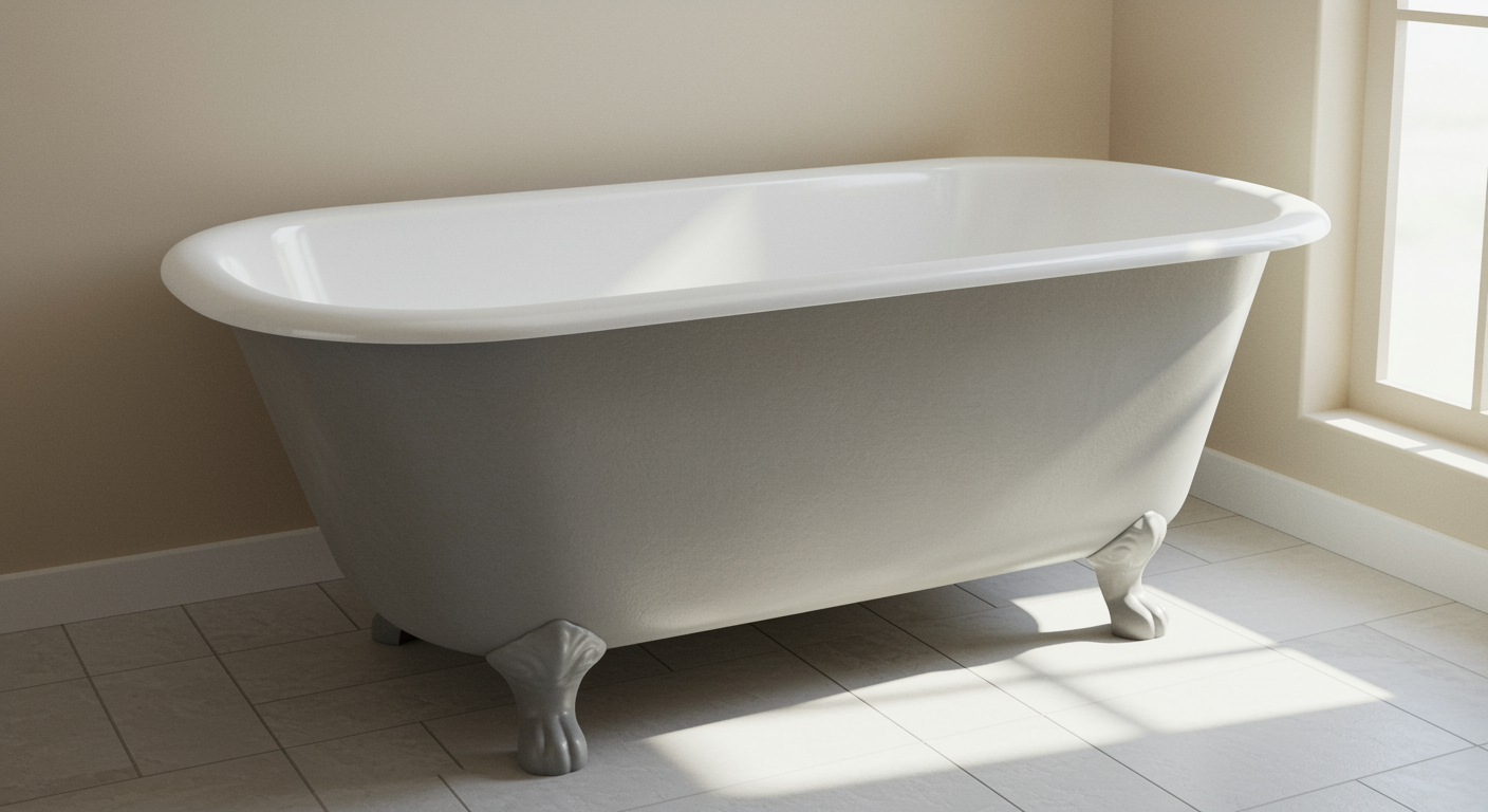 Refinished cast iron bathtub with pristine white surface in a bright bathroom for bathtub refinishing service