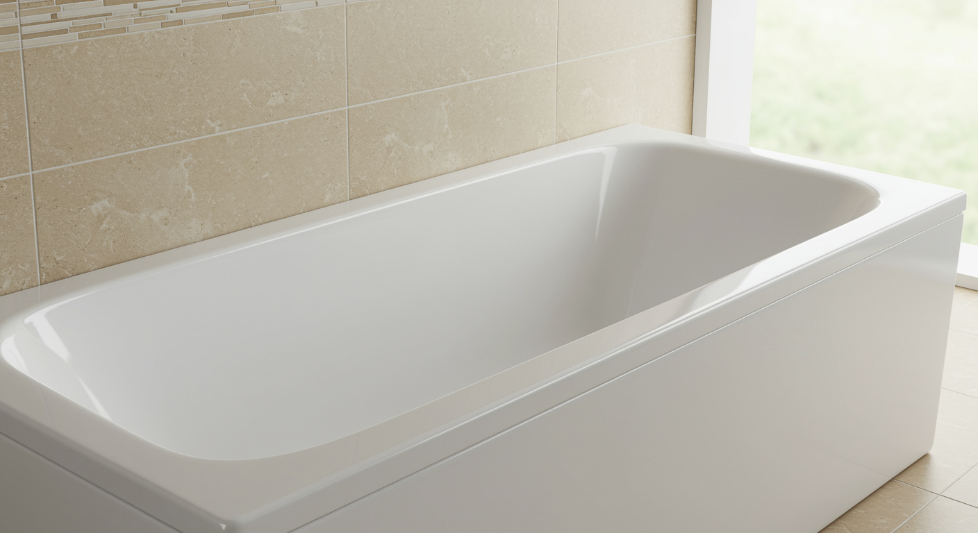 Refinished fiberglass bathtub in modern bathroom with clean, gleaming surface