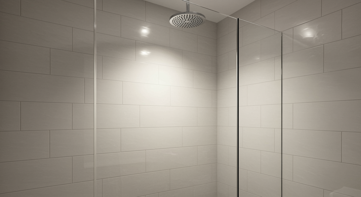 Beautifully refinished modern shower with spotless glass doors, bright tile, and chrome fixtures