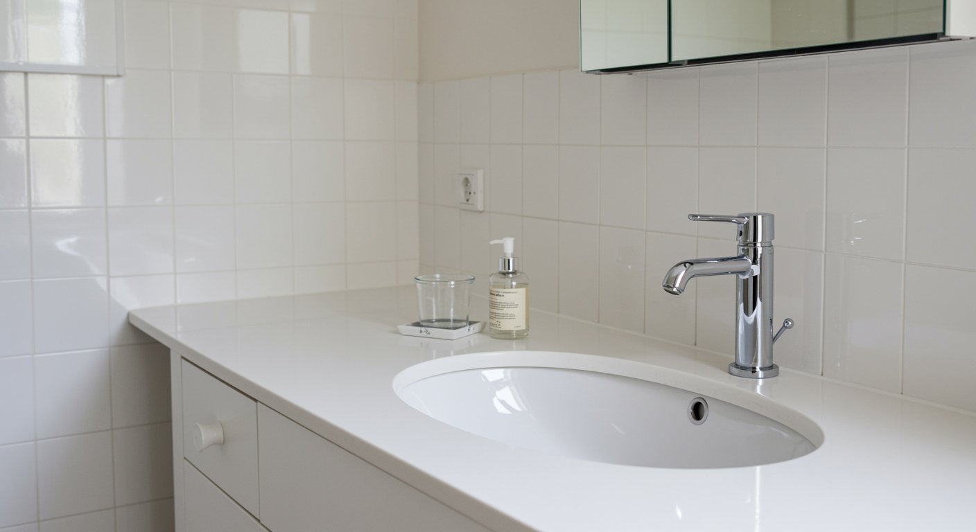 beautifully refinished bathroom sink with bright countertop and polished chrome faucet in a modern bathroom