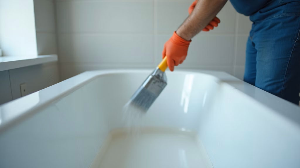 Technician refinishing bathtub surface