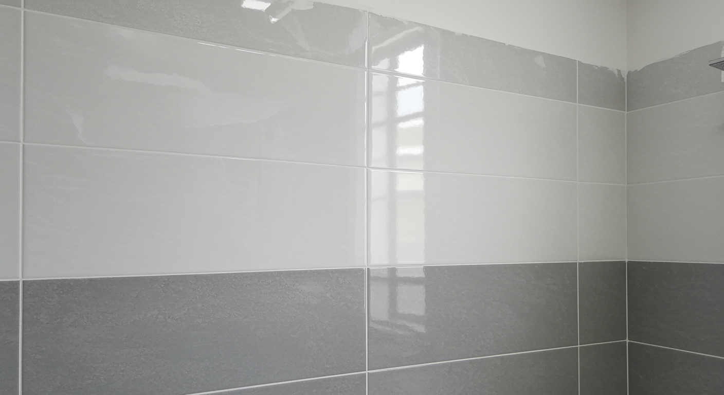 Refinished bathroom tile wall in soft gray and white, showcasing a smooth glossy surface and modern look